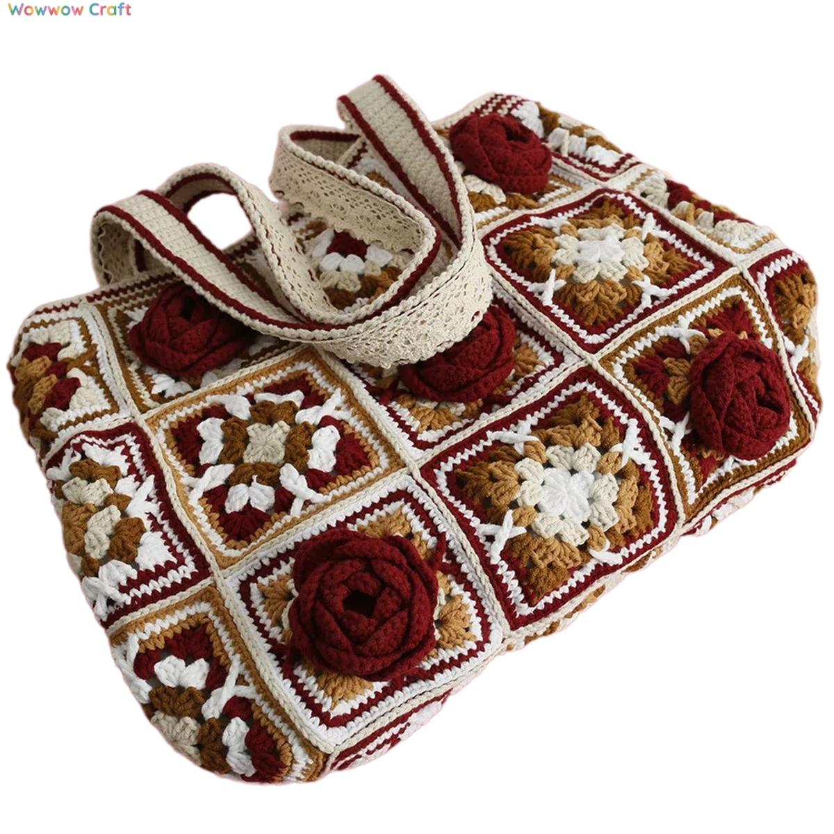 Shoulder Bags,Totes,Handmade Crochet Bags,Burgundy Flowers Embroidery Granny Square Tote crocheted with Snow Fairy Yarn - High quality handmade crocheted shoulder bag